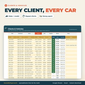Pianificatore aziendale per autolavaggio e detailing con Fogli Google Excel / Calcolatore prezzi per autolavaggio e detailing, monitoraggio clienti e veicoli, forniture, profitto immagine 4