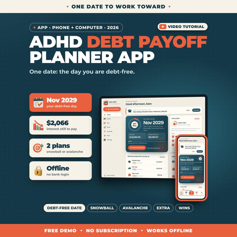 K&ouml;nnte beinhalten: Eine digitale App-Oberfl&auml;che zur Schuldenplanung auf einem Tablet und Smartphone. Die dunkelblaue und orangefarbene Grafik enth&auml;lt Text wie ADHD DEBT PAYOFF PLANNER APP, Nov 2029, 2066 $ Zinsen, 2 Pl&auml;ne und Offline-Zugriff.