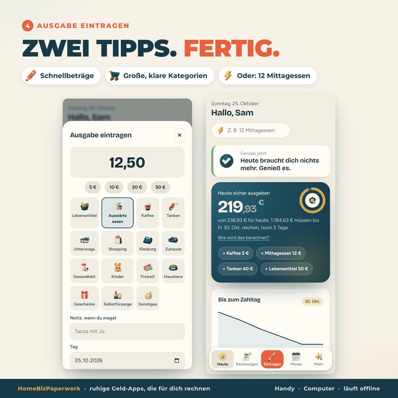 May include: A mobile application interface for expense tracking showing two screens. The left screen displays an expense entry form with category icons and a numeric keypad. The right screen shows a financial summary dashboard with a spending limit.