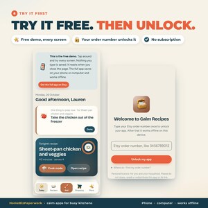 Pu&ograve; includere: Un'interfaccia digitale intitolata TRY IT FREE. THEN UNLOCK. che mostra due schermate di un'app mobile. La schermata a sinistra mostra una dashboard di ricette con elenchi di attivit&agrave;. La schermata a destra mostra una richiesta di sblocco.