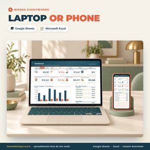 May include: A laptop and a smartphone displaying a financial dashboard with charts, tables, and numerical data. The screen text reads Dashboard, Income, Expenses, and Top Clients This Year. The devices are compatible with Google Sheets and Microsoft Excel.