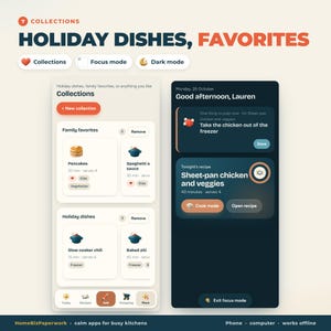Pu&ograve; includere: Un'interfaccia digitale che mostra due schermate di un'app mobile per la pianificazione dei pasti. Lo schermo a sinistra elenca raccolte come Family favorites e Holiday dishes con icone. Lo schermo a destra mostra una dashboard scura.
