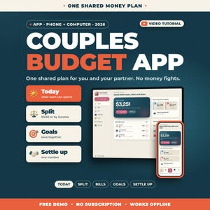 Könnte beinhalten: Eine digitale Benutzeroberfläche für eine Budget-App für Paare mit Tablet und Smartphone. Der Text umfasst COUPLES BUDGET APP, ONE SHARED MONEY PLAN, TODAY, SPLIT, GOALS, SETTLE UP und verschiedene Finanzdaten auf dunkelblauem Hintergrund.