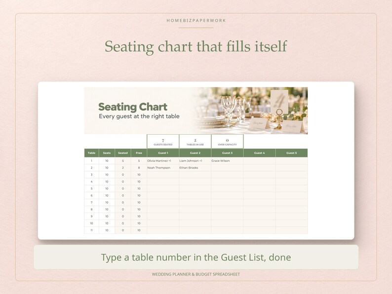 May include: A digital seating chart spreadsheet template titled Seating Chart that fills itself. The interface features a table with columns for table numbers, seat counts, and guest names, alongside a header image of a wedding table setting.