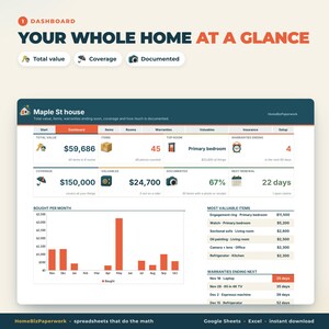 Foglio di calcolo per l'inventario domestico (Google Sheets Excel) / Inventario assicurativo, monitoraggio delle garanzie, oggetti di valore, articoli per la casa per stanza immagine 2