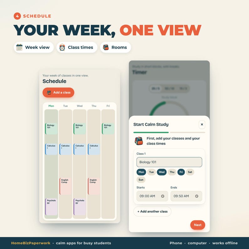 Puede incluir: Una interfaz de horario digital titulada Your Week, One View que presenta una cuadr&iacute;cula de calendario semanal con bloques de clase codificados por colores y una ventana emergente para a&ntilde;adir detalles como Biology 101, horarios y d&iacute;as de la semana.