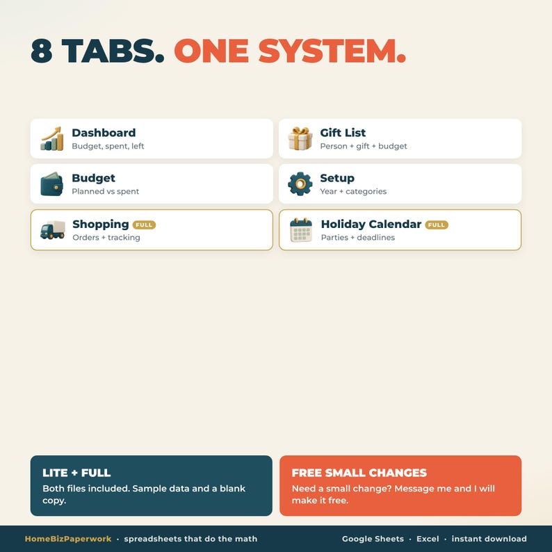 May include: A digital organizational system titled 8 TABS. ONE SYSTEM. featuring six labeled sections: Dashboard, Gift List, Budget, Setup, Shopping, and Holiday Calendar. Includes bottom text boxes detailing Lite and Full file versions.