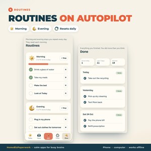 May include: A digital interface display titled Routines on Autopilot featuring two columns. The left column lists morning and evening tasks with checkboxes. The right column shows a Done section with daily, weekly, and all-time task counts.