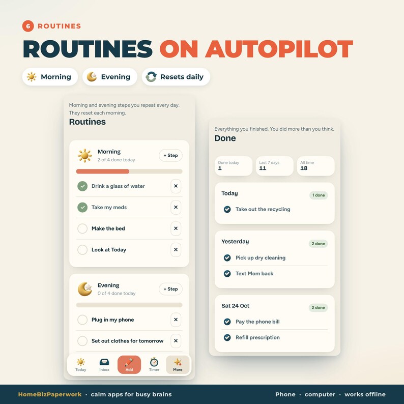 May include: A digital interface display titled Routines on Autopilot featuring two columns. The left column lists morning and evening tasks with checkboxes. The right column shows a Done section with daily, weekly, and all-time task counts.