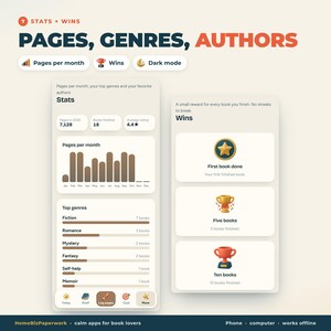 K&ouml;nnte beinhalten: Eine digitale Benutzeroberfl&auml;che mit dem Titel Pages, Genres, Authors in zwei Spalten. Die linke Spalte zeigt Lesestatistiken, ein Balkendiagramm und Top-Genres. Die rechte Spalte zeigt Erfolgsabzeichen f&uuml;r gelesene B&uuml;cher mit Stern und Pokalen.