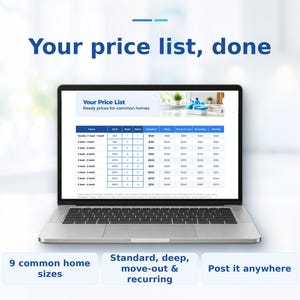 Pu&ograve; includere: Un computer portatile che mostra un modello di listino prezzi digitale intitolato Your Price List, Ready prices for common homes. Lo schermo mostra una tabella con colonne per dimensioni della casa, letti, bagni e tipi di servizio.