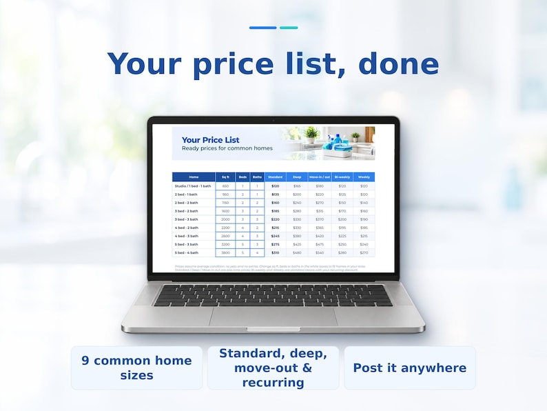 Pu&ograve; includere: Un computer portatile che mostra un modello di listino prezzi digitale intitolato Your Price List, Ready prices for common homes. Lo schermo mostra una tabella con colonne per dimensioni della casa, letti, bagni e tipi di servizio.