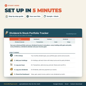 May include: A digital Dividend & Stock Portfolio Tracker spreadsheet interface featuring a navigation menu with tabs for Start, Dashboard, Holdings, Dividends, Calendar, Transactions, Goals, and Setup. It includes a five-step instructional guide for tracking investments, income, and portfolio performance.