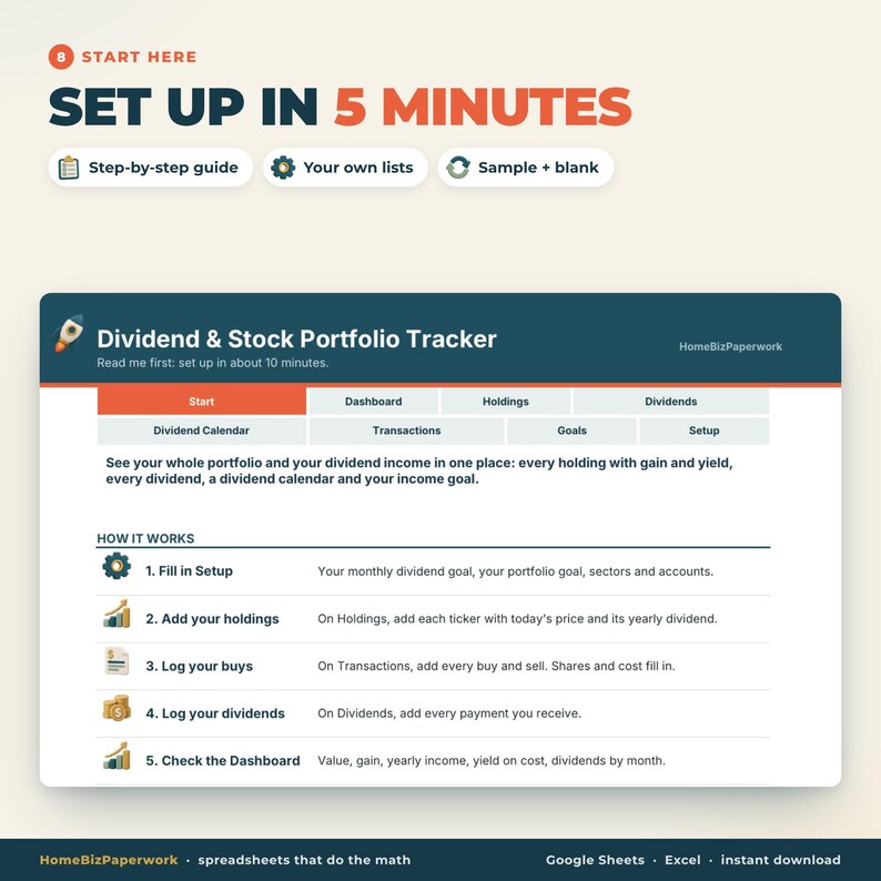 May include: A digital Dividend & Stock Portfolio Tracker spreadsheet interface featuring a navigation menu with tabs for Start, Dashboard, Holdings, Dividends, Calendar, Transactions, Goals, and Setup. It includes a five-step instructional guide for tracking investments, income, and portfolio performance.