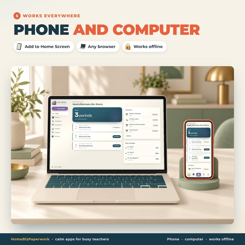 May include: A laptop and a smartphone displaying a teacher dashboard interface. Text includes: 5 WORKS EVERYWHERE PHONE AND COMPUTER, Add to Home Screen, Any browser, Works offline, Good afternoon, Ms. Rivers, 3 periods, HomeBizPaperwork.