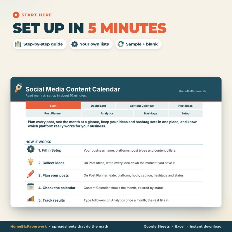 Calendario dei contenuti per i social media, foglio di calcolo Google Sheets Excel / Pianificatore di post, pianificatore di Instagram e TikTok, hashtag, tracker di analisi immagine 9