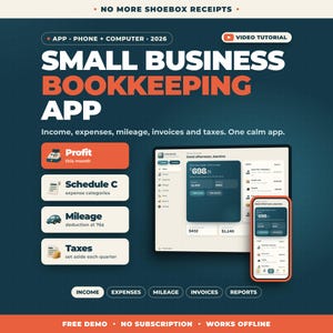 Könnte beinhalten: Eine digitale Benutzeroberfläche für eine Buchhaltungs-App für Kleinunternehmen mit dem Titel NO MORE SHOEBOX RECEIPTS. Das Display zeigt ein Tablet und ein Smartphone mit Finanzdaten, Einnahmen, Ausgaben, Kilometerstand und Steuerverfolgungsfunktionen.