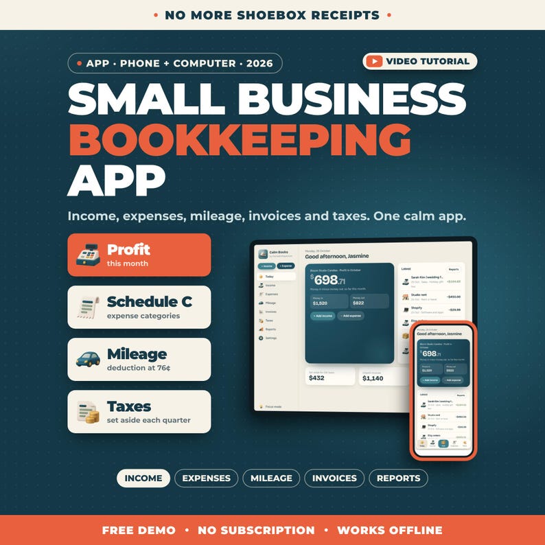 Puede incluir: Una interfaz digital para una aplicaci&oacute;n de contabilidad de peque&ntilde;as empresas titulada NO MORE SHOEBOX RECEIPTS. La pantalla muestra una tableta y un tel&eacute;fono inteligente con datos financieros, ingresos, gastos, kilometraje y funciones de impuestos.
