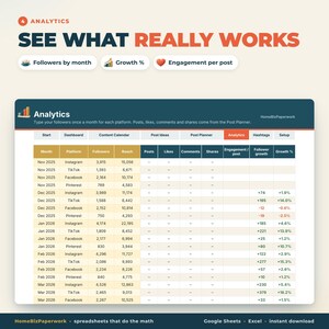 Calendario dei contenuti per i social media, foglio di calcolo Google Sheets Excel / Pianificatore di post, pianificatore di Instagram e TikTok, hashtag, tracker di analisi immagine 5