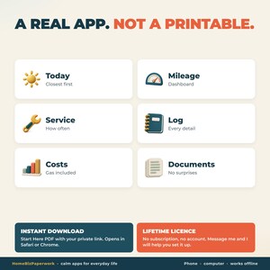 May include: A digital interface graphic titled A REAL APP. NOT A PRINTABLE. featuring six icons with labels: Today, Mileage, Service, Log, Costs, and Documents. Below are two boxes labeled INSTANT DOWNLOAD and LIFETIME LICENCE with text details.