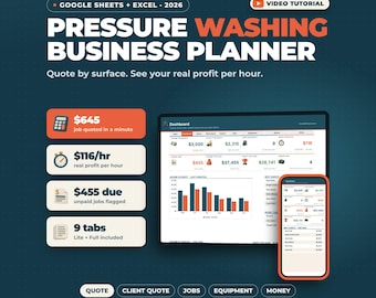 May include: A digital pressure washing business planner for Google Sheets and Excel 2026. The graphic displays a dashboard interface on a computer screen and smartphone, featuring financial metrics, job quotes, and profit tracking charts.