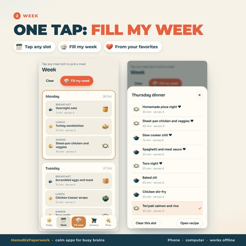 以下が含まれることがあります： ONE TAP: FILL MY WEEKというタイトルのデジタル食事計画インターフェース。画面には月曜日と火曜日の朝食、昼食、夕食の枠がある週次カレンダービューと、木曜日の夕食のオプションを表示するポップアップメニューが表示されています。
