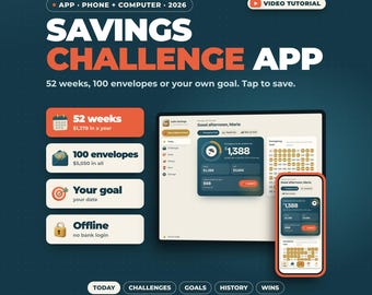 Savings Challenge App | 52 Week Savings Challenge, 100 Envelope Challenge, Savings Goal Tracker, Money Saving Tracker, Works Offline