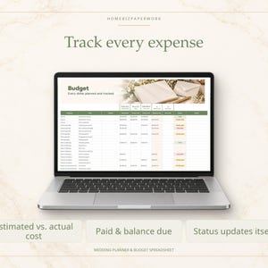 May include: A laptop displaying a digital budget spreadsheet titled Budget, Every dollar planned and tracked. The screen shows columns for categories, items, estimated costs, actual costs, and status. Text includes Track every expense, Estimated vs. actual cost, Paid & balance due, Status updates itself, and Wedding planner & budget spreadsheet.