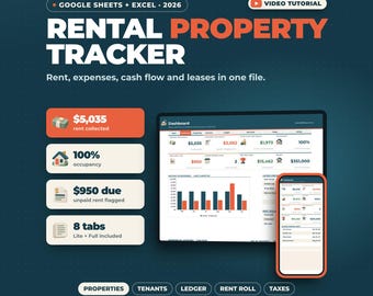 May include: A digital rental property tracker for Google Sheets and Excel 2026. The interface displays a dashboard with financial metrics, rent collected, occupancy rates, and unpaid rent. Includes a mobile view, video tutorial link, and tabs for properties, tenants, ledger, rent roll, and taxes.