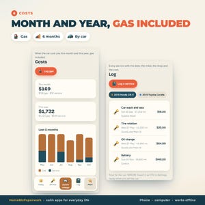 May include: A digital interface showing car expense tracking with two main panels. The left panel displays monthly and yearly costs, including gas and service, with a bar chart. The right panel lists service logs for specific vehicles.