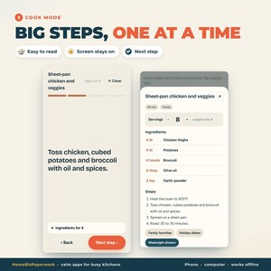 Pu&ograve; includere: Un'interfaccia digitale che mostra un'applicazione di cucina con il testo 'COOK MODE' e 'BIG STEPS, ONE AT A TIME'. Lo schermo presenta una ricetta per pollo e verdure con liste di ingredienti, istruzioni passo dopo passo e pulsanti.