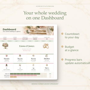 May include: A digital wedding planner dashboard spreadsheet titled Your whole wedding on one Dashboard. It features sections for budget, guest count, and a countdown to the wedding date, with icons, progress bars, and financial data fields.