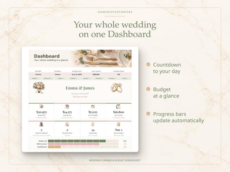 May include: A digital wedding planner dashboard spreadsheet titled Your whole wedding on one Dashboard. It features sections for budget, guest count, and a countdown to the wedding date, with icons, progress bars, and financial data fields.