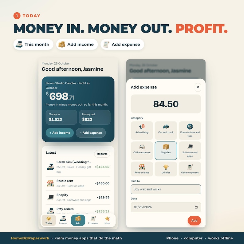 Puede incluir: Una interfaz digital para una aplicaci&oacute;n de seguimiento financiero titulada Money In. Money Out. Profit. La pantalla muestra un panel con un resumen de ganancias para Bloom Studio Candles, listas de transacciones y una ventana emergente Add expense.