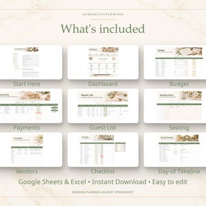 May include: A digital wedding planner spreadsheet set featuring nine distinct tabs labelled Start Here, Dashboard, Budget, Payments, Guest List, Seating, Vendors, Checklist, and Day-of Timeline. The layout includes text for Google Sheets and Excel.
