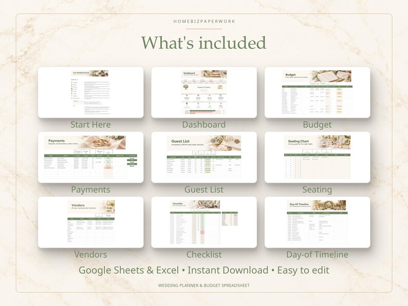 May include: A digital wedding planner spreadsheet set featuring nine distinct tabs labelled Start Here, Dashboard, Budget, Payments, Guest List, Seating, Vendors, Checklist, and Day-of Timeline. The layout includes text for Google Sheets and Excel.