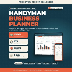 Handyman Business Planner Google Sheets Excel | Job Estimate Calculator, Client Estimate, Job Tracker, Invoices, Profit Per Hour