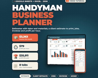 Pianificatore aziendale per tuttofare con Fogli Google Excel / Calcolatore di preventivi, Preventivi per clienti, Monitoraggio lavori, Fatture, Profitto orario