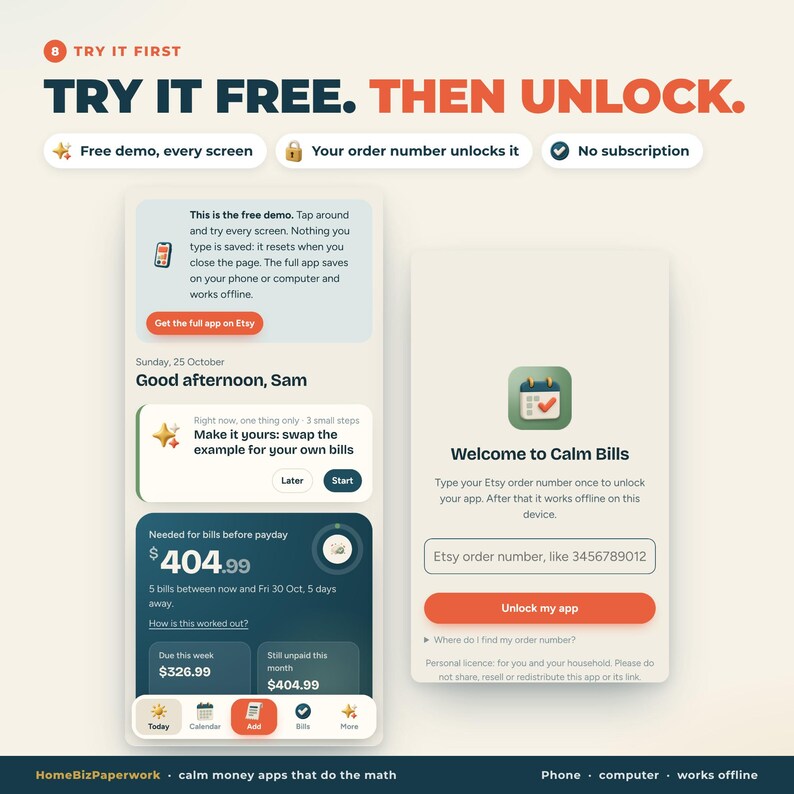 Puede incluir: Una interfaz digital para una aplicaci&oacute;n de gesti&oacute;n de facturas llamada Calm Bills. La pantalla muestra res&uacute;menes financieros, un calendario y un campo para ingresar un n&uacute;mero de pedido de Etsy para desbloquear la versi&oacute;n completa. El texto incluye Try It Free, Then Unlock, Free demo, every screen, Your order number unlocks it y No subscription.