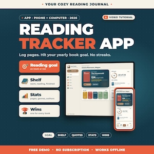 K&ouml;nnte beinhalten: Eine digitale Lese-Tracker-App f&uuml;r Telefon und Computer mit der Kennzeichnung 2026. Die Benutzeroberfl&auml;che zeigt Leseziele, B&uuml;cherregale, Statistiken und Erfolge. Der Text umfasst Your Cozy Reading Journal, Reading Tracker App, Log pages. Hit your yearly book goal. No streaks und Video Tutorial.
