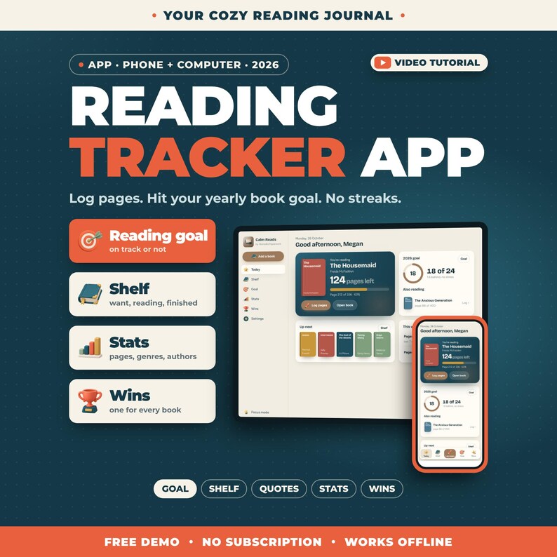 K&ouml;nnte beinhalten: Eine digitale Lese-Tracker-App f&uuml;r Telefon und Computer mit der Kennzeichnung 2026. Die Benutzeroberfl&auml;che zeigt Leseziele, B&uuml;cherregale, Statistiken und Erfolge. Der Text umfasst Your Cozy Reading Journal, Reading Tracker App, Log pages. Hit your yearly book goal. No streaks und Video Tutorial.