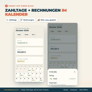 May include: A digital financial planning interface displaying October 2026 with income, expenses, and savings goals. The screen shows a calendar view with labeled paydays and bills, featuring text in German including Zahltage, Rechnungen, and Rein, raus, gespart.