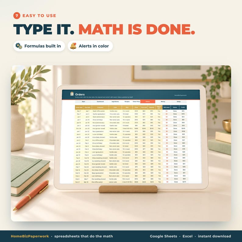 May include: A digital tablet displays an order tracking spreadsheet with columns for dates, customer names, product types, and financial data. The screen features the text TYPE IT. MATH IS DONE. Formulas built in and Alerts in color.