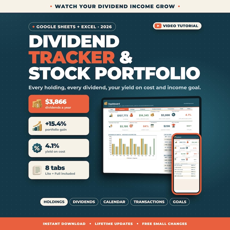 May include: A digital dividend tracker and stock portfolio template for Google Sheets and Excel 2026. The interface displays financial metrics, charts, and tabs for holdings, dividends, calendar, transactions, and goals on a computer screen and mobile device.