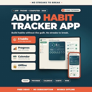 Puede incluir: Una interfaz de aplicación de seguimiento de hábitos TDAH mostrada en una tableta y un teléfono inteligente. El fondo azul oscuro presenta texto en blanco y naranja, incluyendo 'ADHD HABIT TRACKER APP', '5 habits', 'Progress', 'Calendar' y 'Offline'.