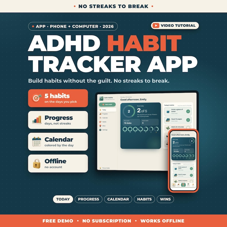 Puede incluir: Una interfaz de aplicaci&oacute;n de seguimiento de h&aacute;bitos TDAH mostrada en una tableta y un tel&eacute;fono inteligente. El fondo azul oscuro presenta texto en blanco y naranja, incluyendo 'ADHD HABIT TRACKER APP', '5 habits', 'Progress', 'Calendar' y 'Offline'.
