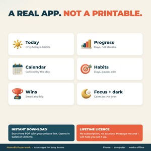 Puede incluir: Una interfaz digital titulada A REAL APP. NOT A PRINTABLE. con seis iconos y etiquetas: Today, Progress, Calendar, Habits, Wins y Focus + dark. El texto inferior incluye detalles sobre Instant Download y Lifetime Licence.