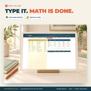 May include: A digital tablet displays a budget spreadsheet with columns for date, category, and amount. Text above reads: EASY TO USE, TYPE IT. MATH IS DONE. Formulas built in, Alerts in color. Bottom text: HomeBizPaperwork, spreadsheets that do the math, Google Sheets, Excel, instant download.