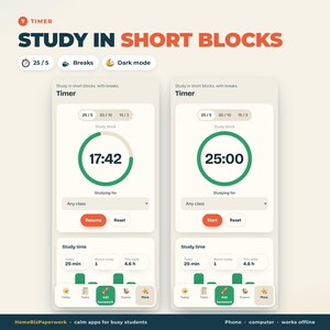 Puede incluir: Una interfaz de temporizador de estudio digital en dos pantallas con el texto STUDY IN SHORT BLOCKS. La aplicaci&oacute;n muestra una barra de progreso circular, un temporizador de cuenta regresiva, estad&iacute;sticas de tiempo de estudio e iconos de navegaci&oacute;n.