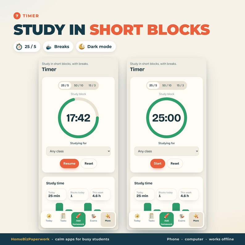Puede incluir: Una interfaz de temporizador de estudio digital en dos pantallas con el texto STUDY IN SHORT BLOCKS. La aplicaci&oacute;n muestra una barra de progreso circular, un temporizador de cuenta regresiva, estad&iacute;sticas de tiempo de estudio e iconos de navegaci&oacute;n.